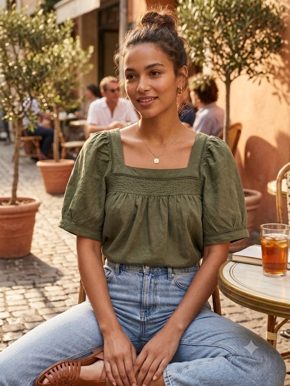 Olive Square-Neck Puff Sleeve Women's Top